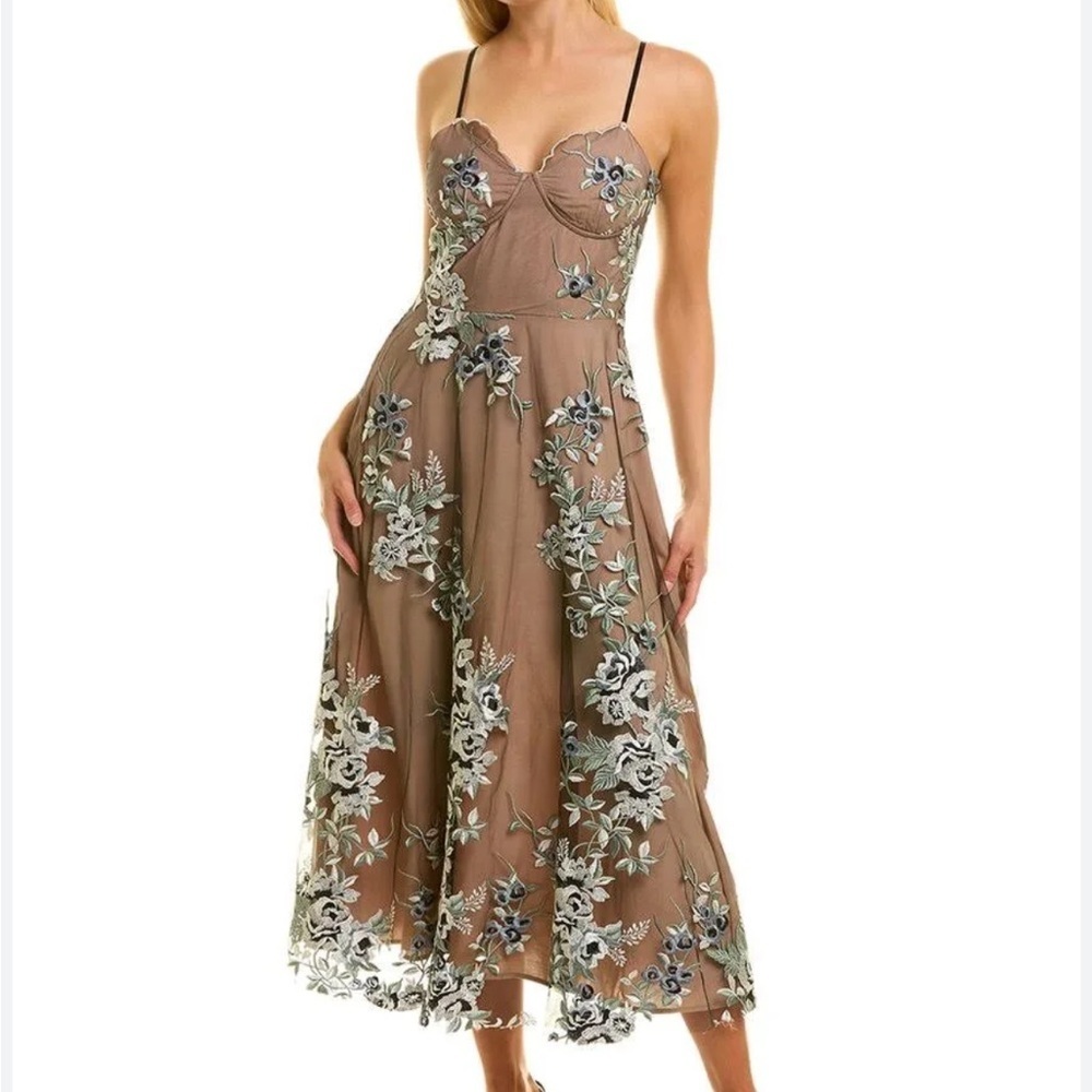 SAU Lee Gabriella Embroidered Dress Black Multi Lace Midi Cocktail Revolve US 2